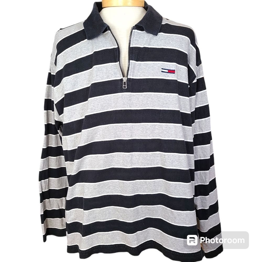 Vintage Y2K Tommy Hilfiger Size XXL Blokecore Gray Black Stripe Rugby Polo Shirt